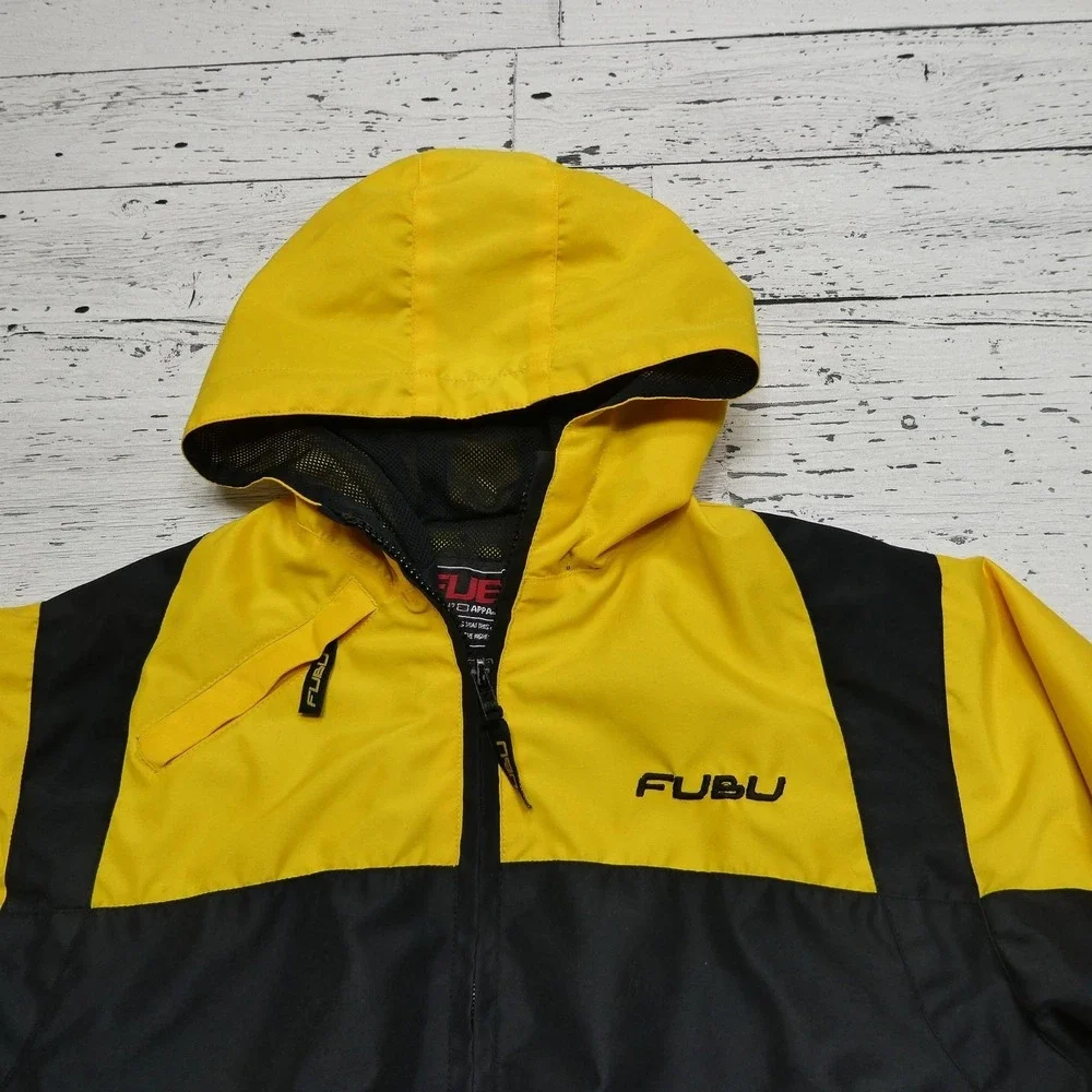 FUBU‎ Jacket Youth Small 8/10 Yellow Black Hooded Windbreaker Zip Pockets Lined